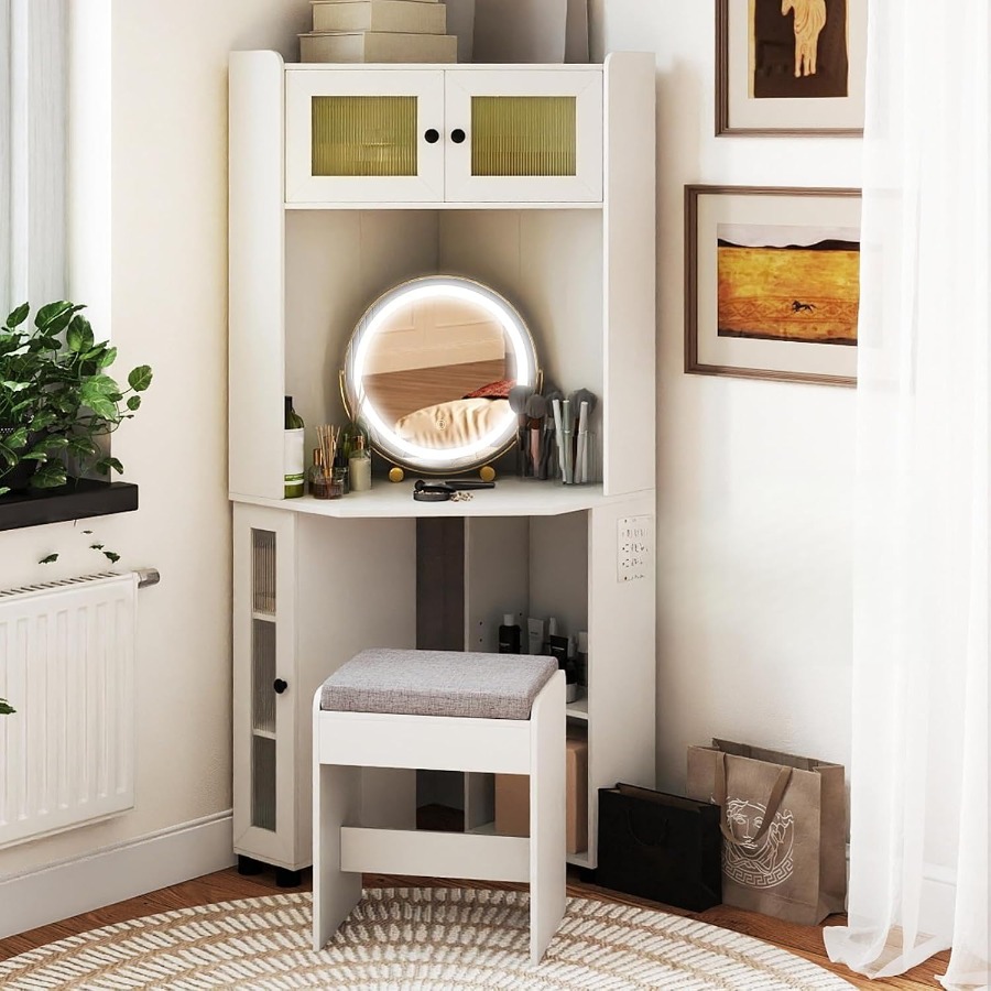 Dressing Table Vanity With Lighted Mirror - Corner Vanity Desk with Mirror Lights,