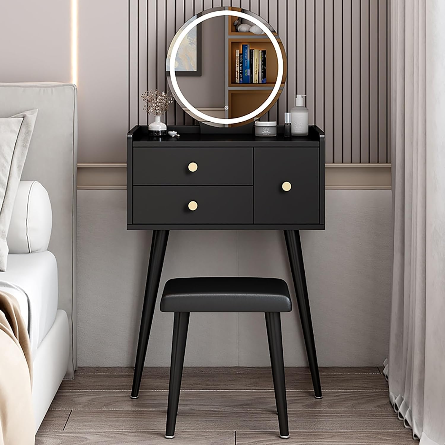 Dressing Table Vanity With Lighted Mirror - Wooden Makeup Desk with Cushioned Stool