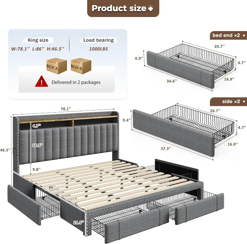 EnHomee Upholstered King Size  - đánh giá và giá King Size Bed Frame With Storage Drawers
